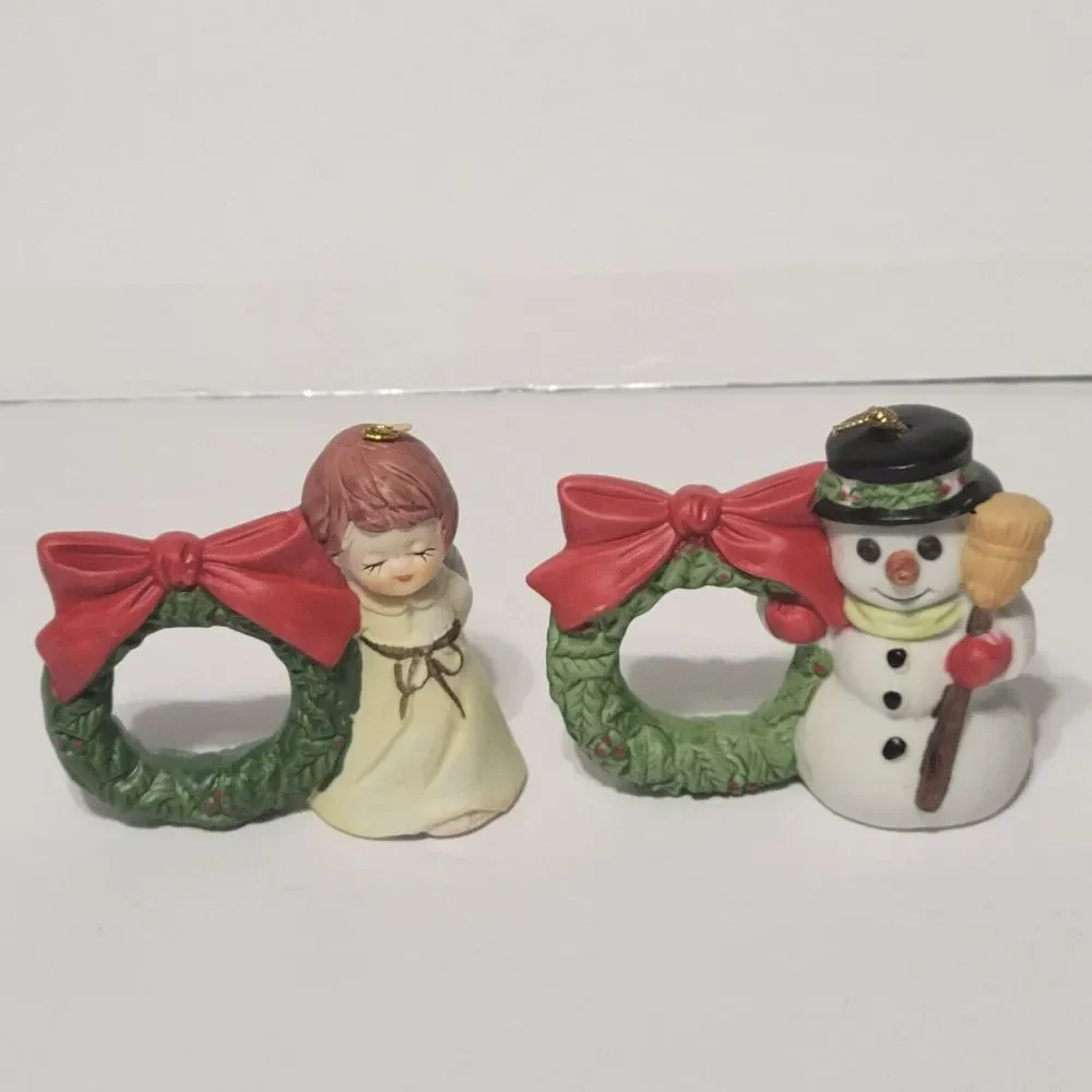 Jasco Lil Chimers Christmas Porcelain Napkin Rings Set of 4 Angel Snowman Santa